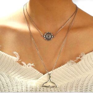 Silver Multi Layer Whale Tail Floral Medallion Charm Necklace NEW